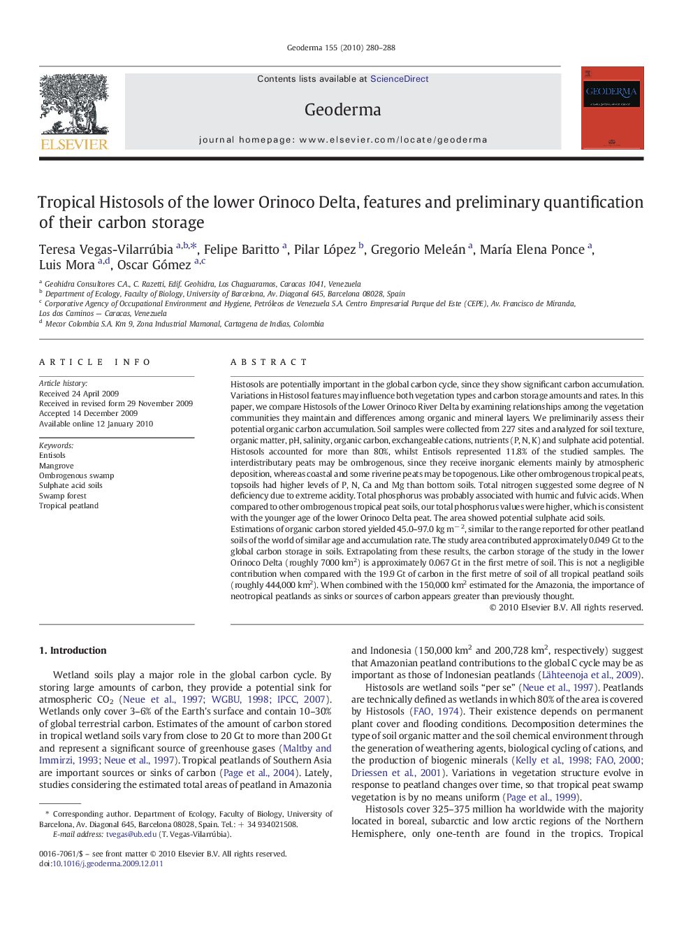 Tropical Histosols of the lower Orinoco Delta, features and preliminary quantification of their carbon storage