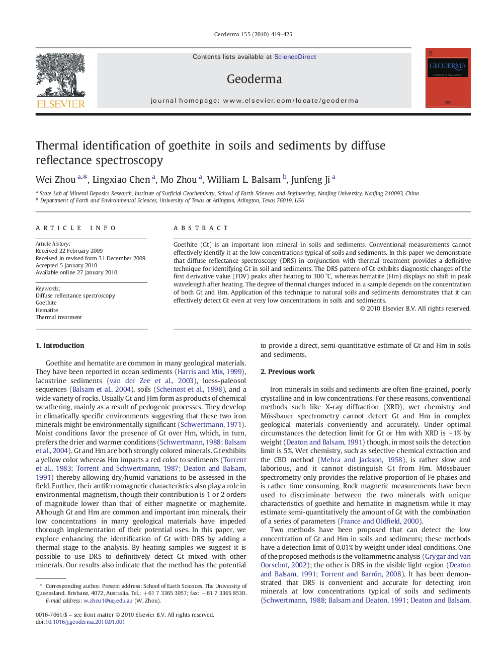 Thermal identification of goethite in soils and sediments by diffuse reflectance spectroscopy