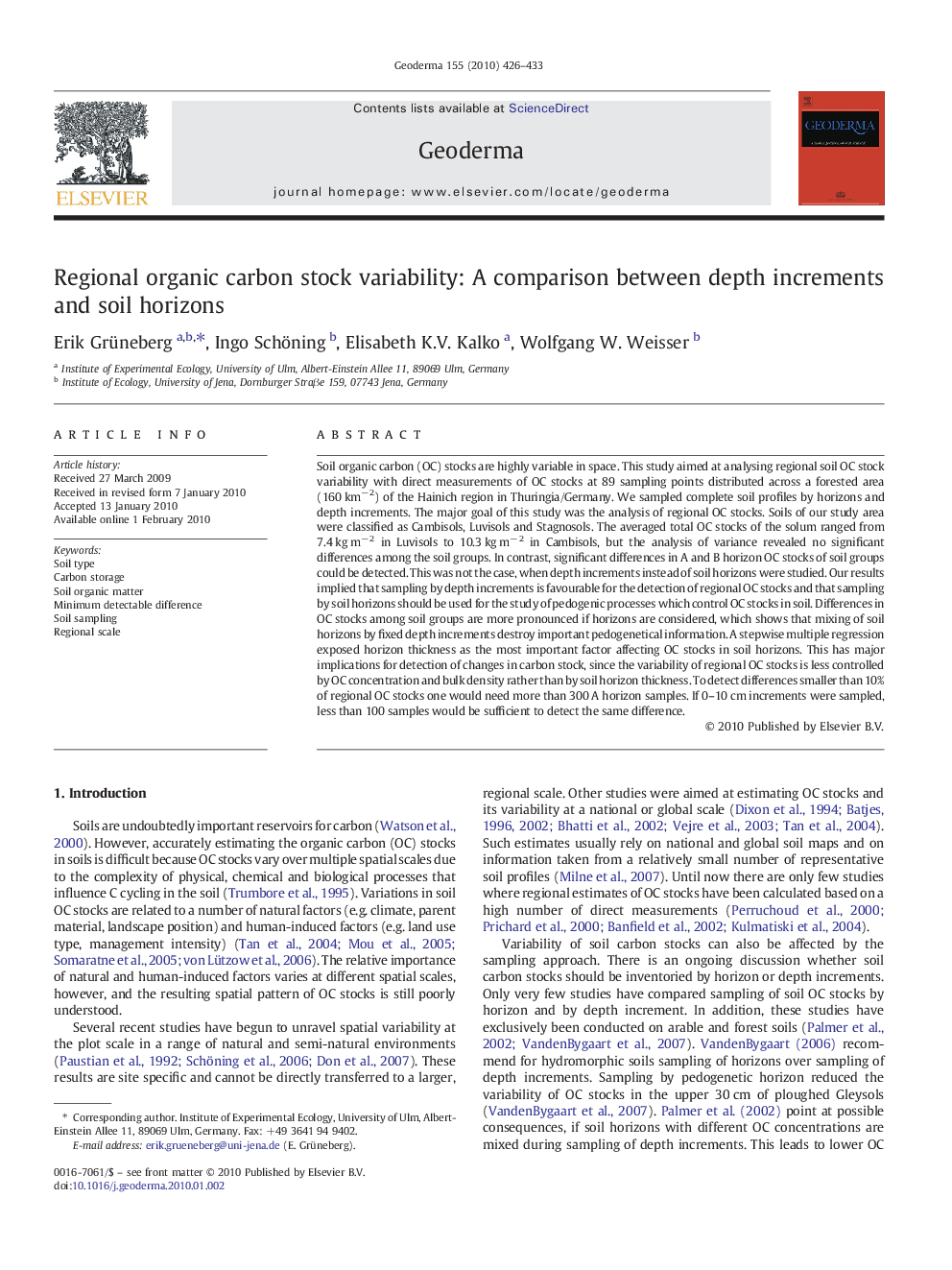 Regional organic carbon stock variability: A comparison between depth increments and soil horizons