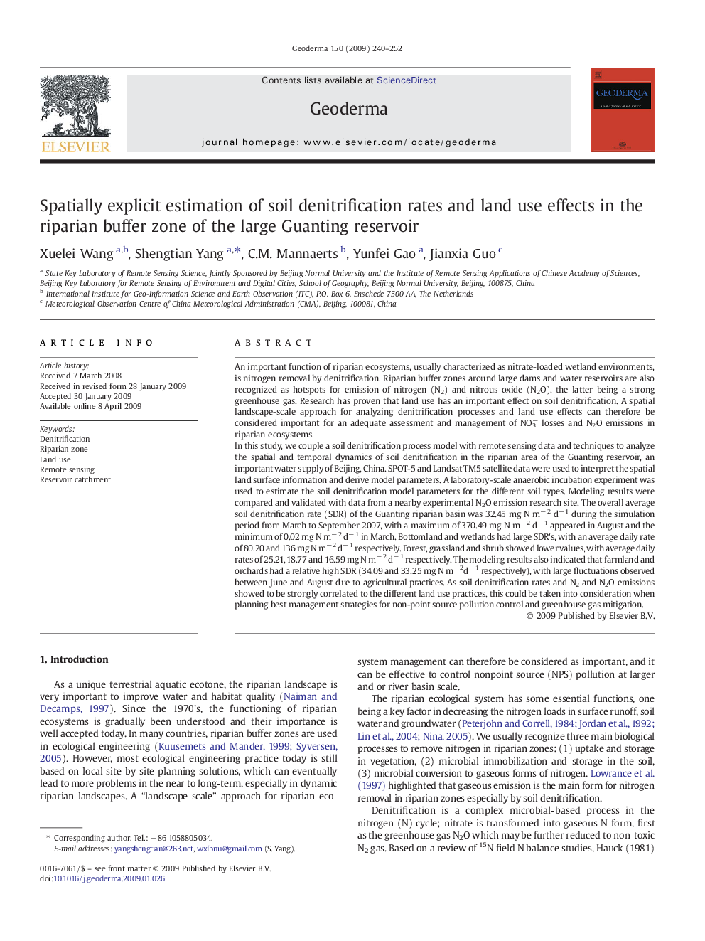 Spatially explicit estimation of soil denitrification rates and land use effects in the riparian buffer zone of the large Guanting reservoir