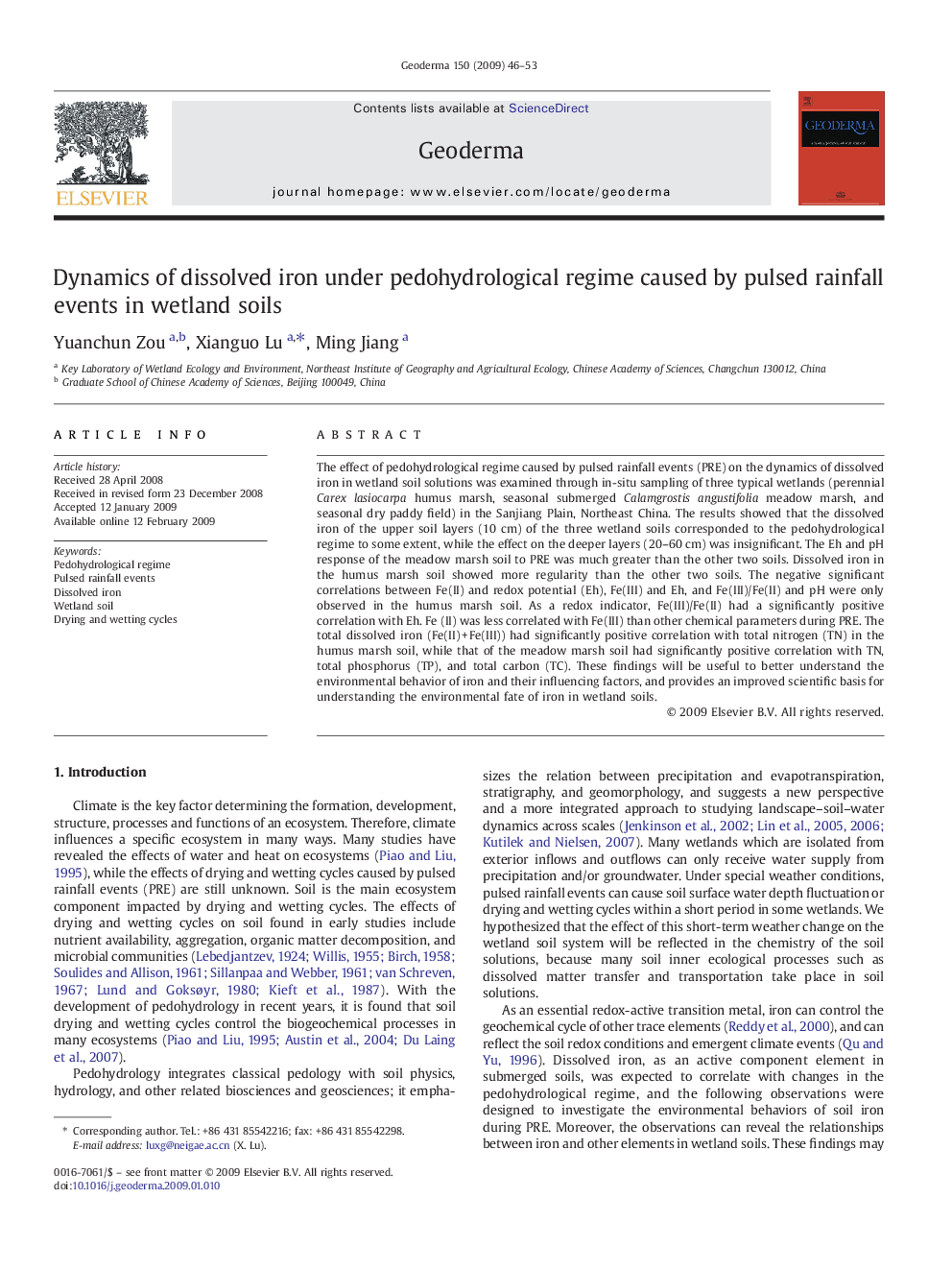 Dynamics of dissolved iron under pedohydrological regime caused by pulsed rainfall events in wetland soils