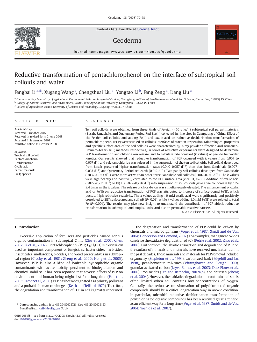 Reductive transformation of pentachlorophenol on the interface of subtropical soil colloids and water