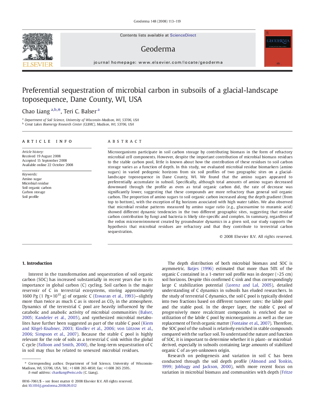 Preferential sequestration of microbial carbon in subsoils of a glacial-landscape toposequence, Dane County, WI, USA