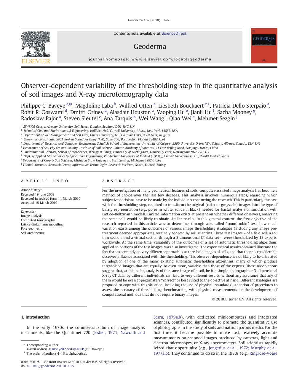 Observer-dependent variability of the thresholding step in the quantitative analysis of soil images and X-ray microtomography data