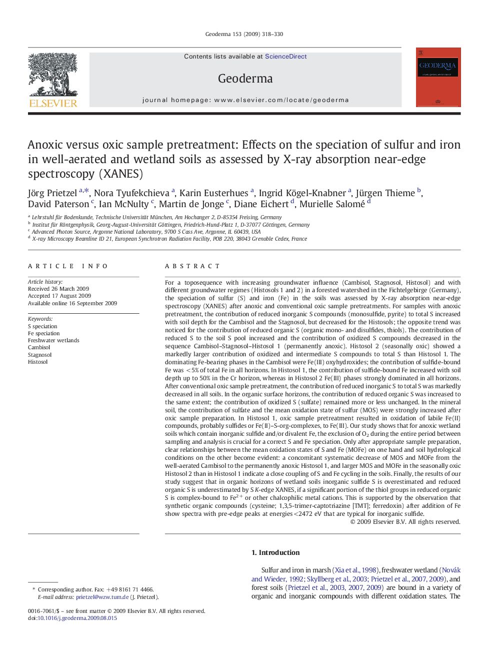 Anoxic versus oxic sample pretreatment: Effects on the speciation of sulfur and iron in well-aerated and wetland soils as assessed by X-ray absorption near-edge spectroscopy (XANES)