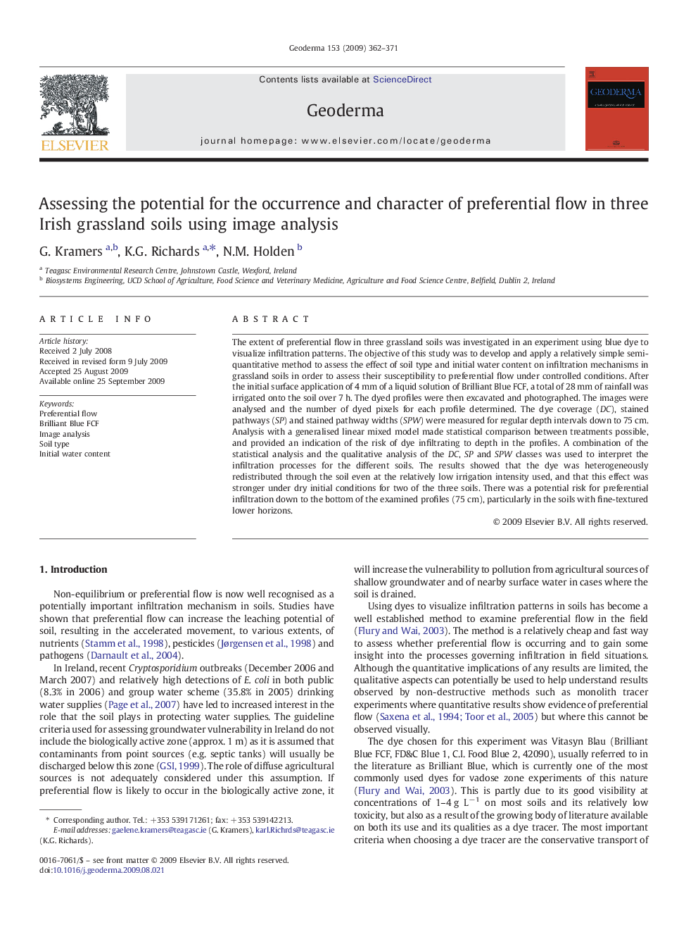 Assessing the potential for the occurrence and character of preferential flow in three Irish grassland soils using image analysis