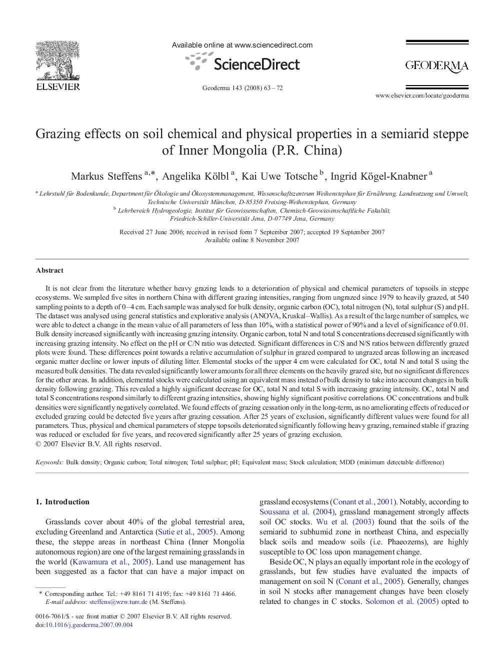 Grazing effects on soil chemical and physical properties in a semiarid steppe of Inner Mongolia (P.R. China)