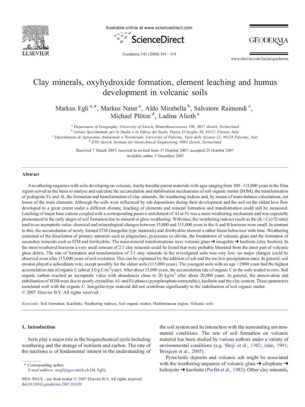 Clay minerals, oxyhydroxide formation, element leaching and humus development in volcanic soils