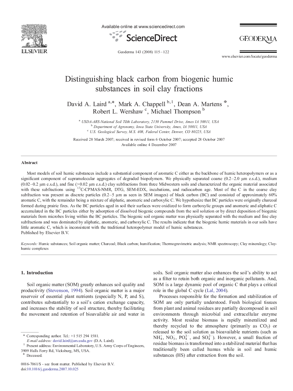 Distinguishing black carbon from biogenic humic substances in soil clay fractions