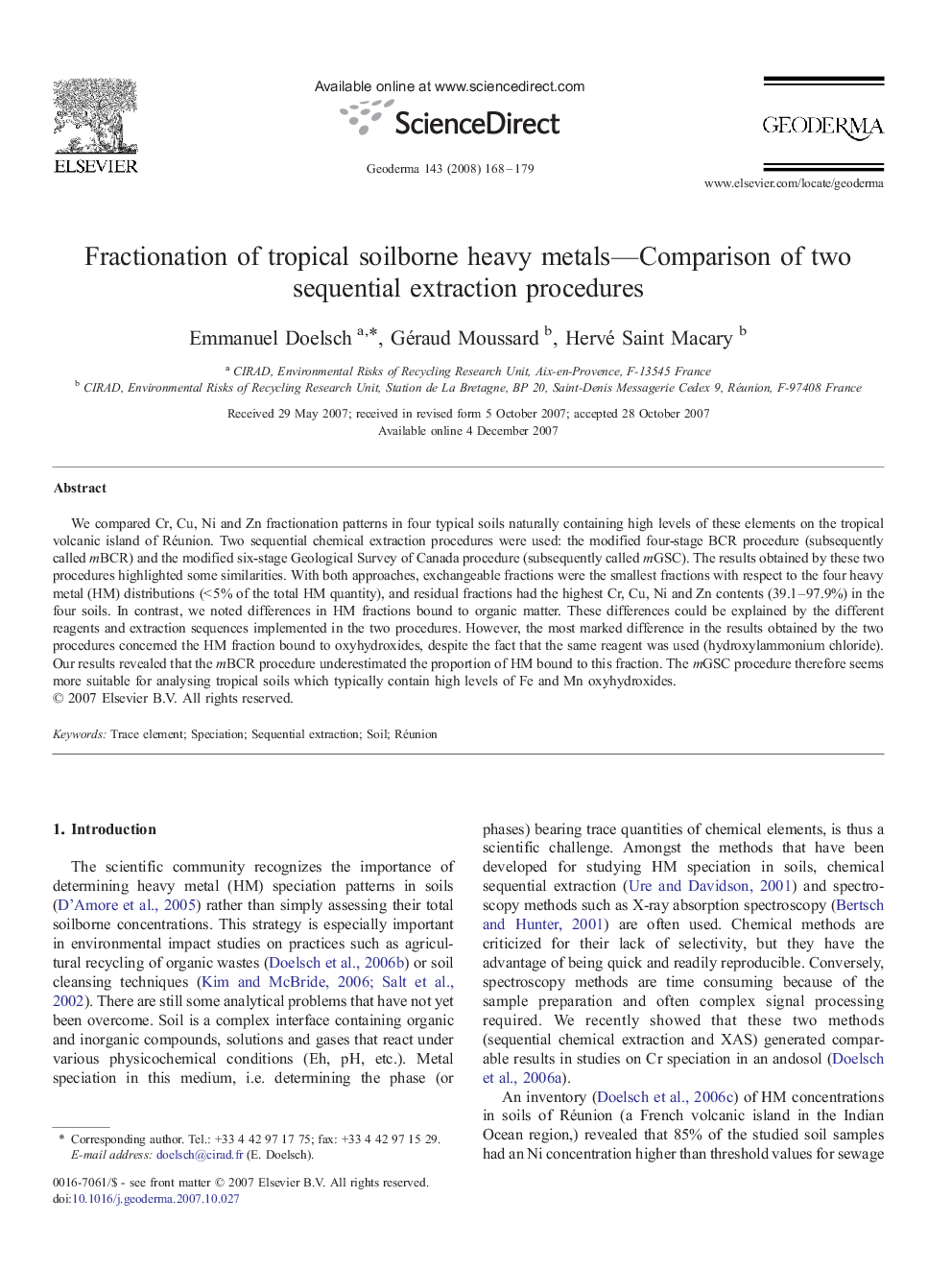 Fractionation of tropical soilborne heavy metals—Comparison of two sequential extraction procedures