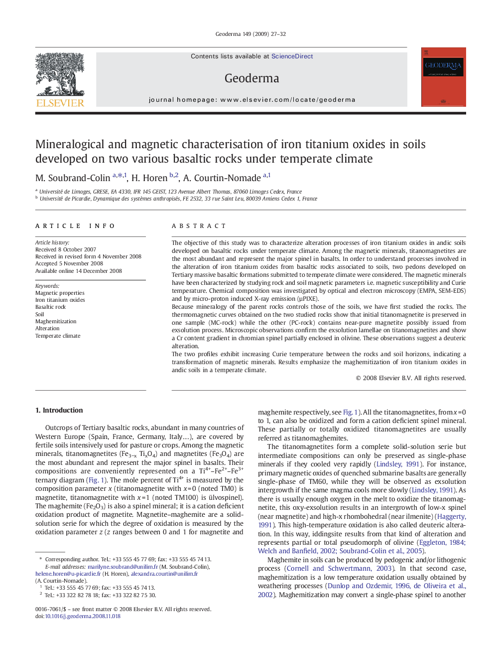 Mineralogical and magnetic characterisation of iron titanium oxides in soils developed on two various basaltic rocks under temperate climate