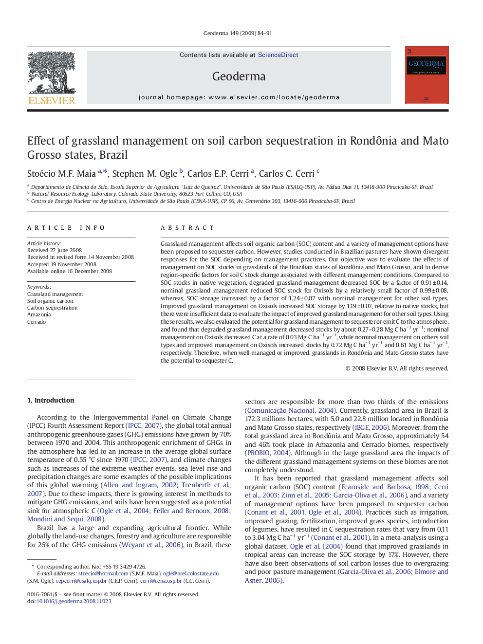 Effect of grassland management on soil carbon sequestration in Rondônia and Mato Grosso states, Brazil