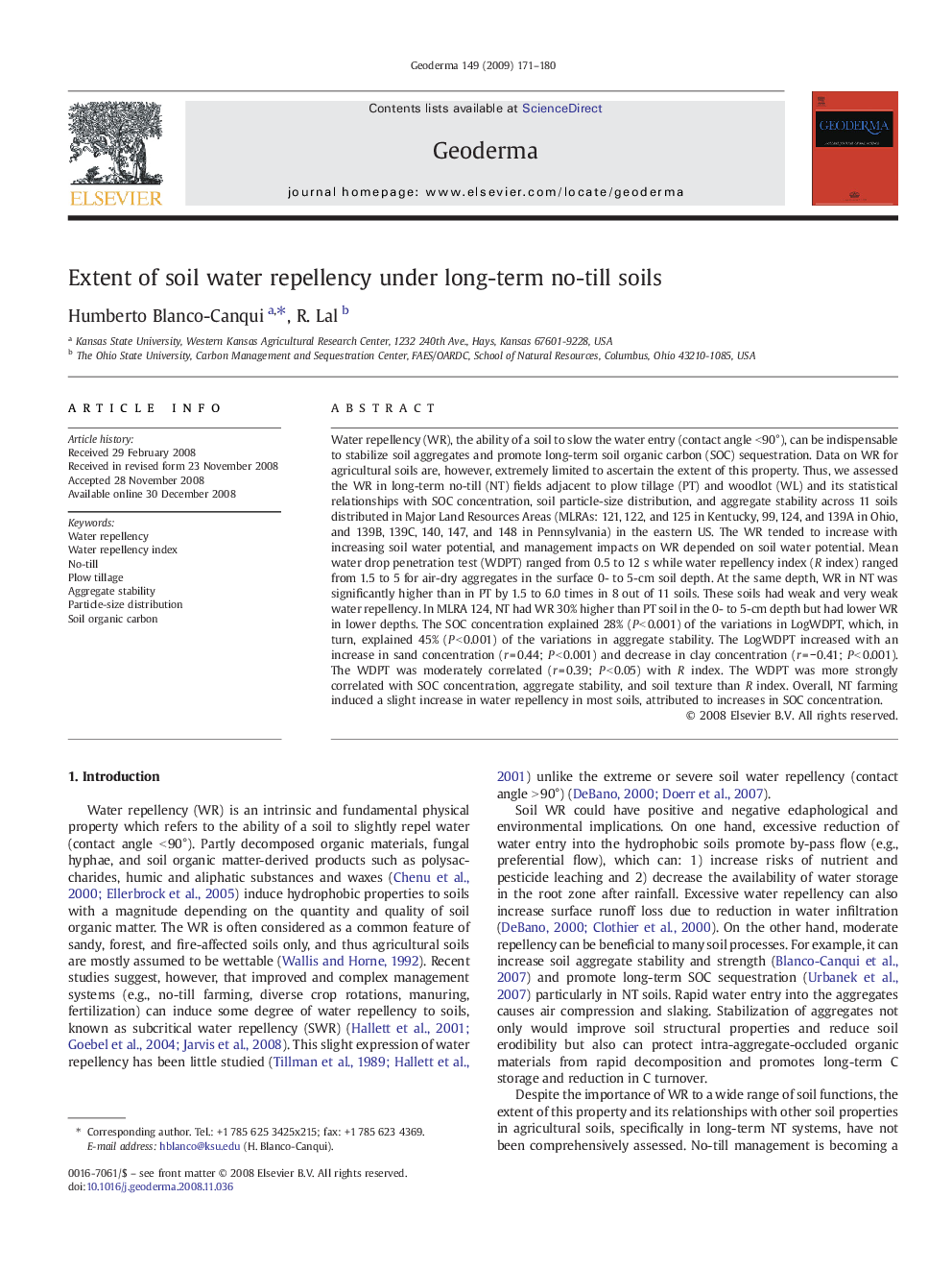 Extent of soil water repellency under long-term no-till soils