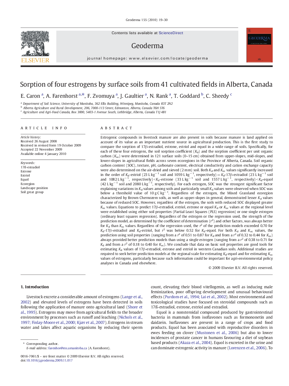 Sorption of four estrogens by surface soils from 41 cultivated fields in Alberta, Canada