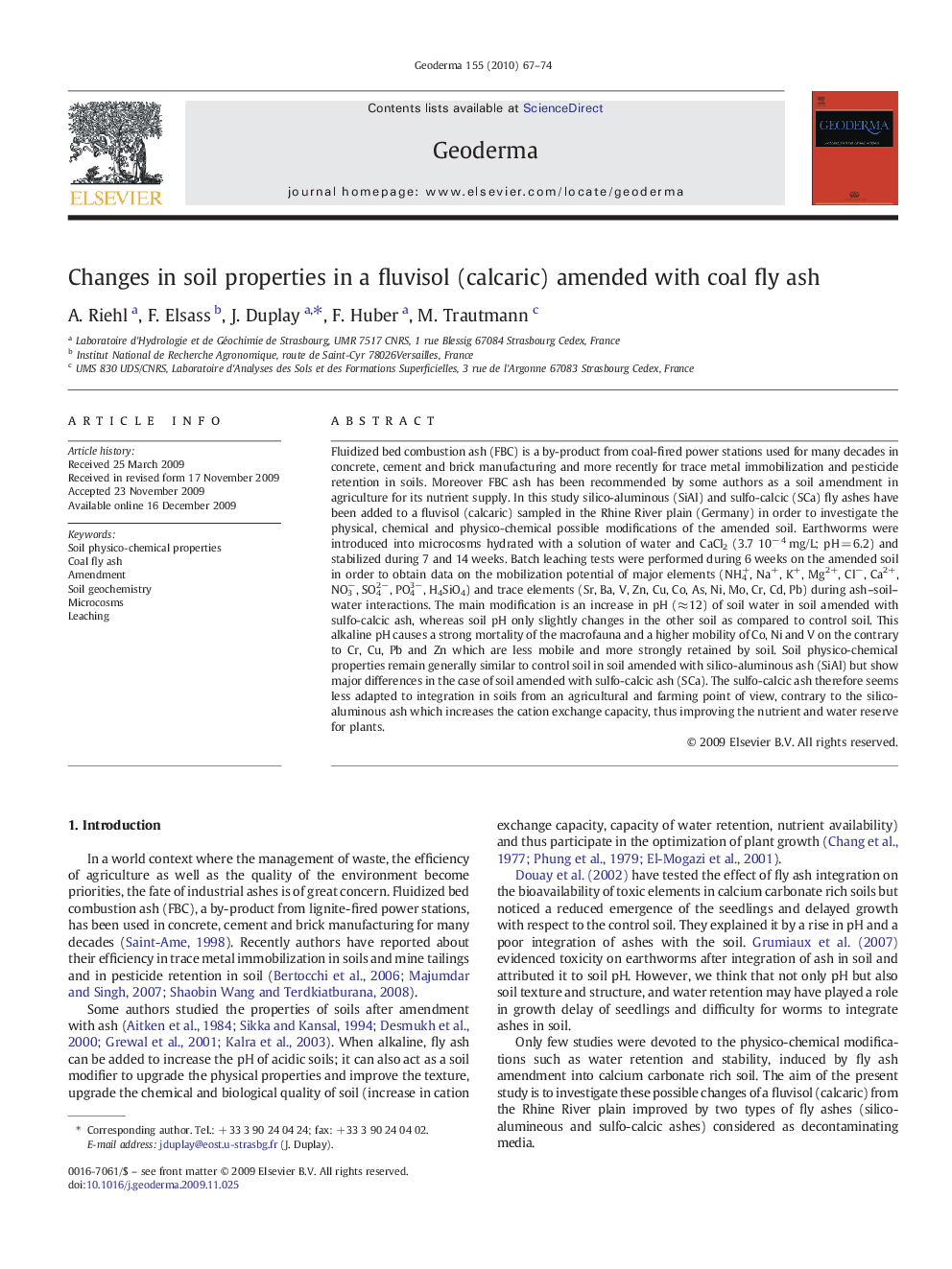 Changes in soil properties in a fluvisol (calcaric) amended with coal fly ash