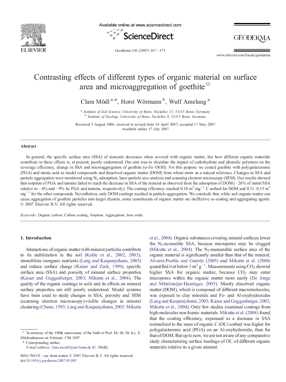 Contrasting effects of different types of organic material on surface area and microaggregation of goethite 