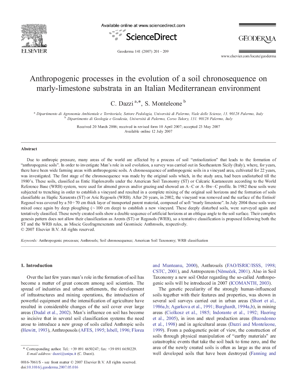 Anthropogenic processes in the evolution of a soil chronosequence on marly-limestone substrata in an Italian Mediterranean environment