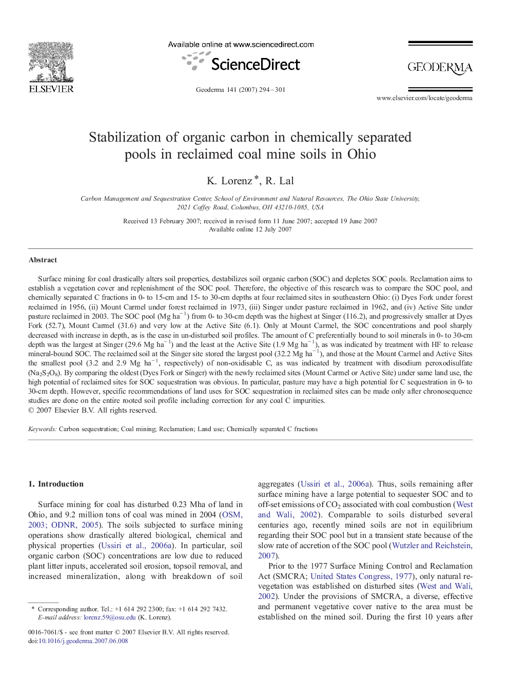 Stabilization of organic carbon in chemically separated pools in reclaimed coal mine soils in Ohio