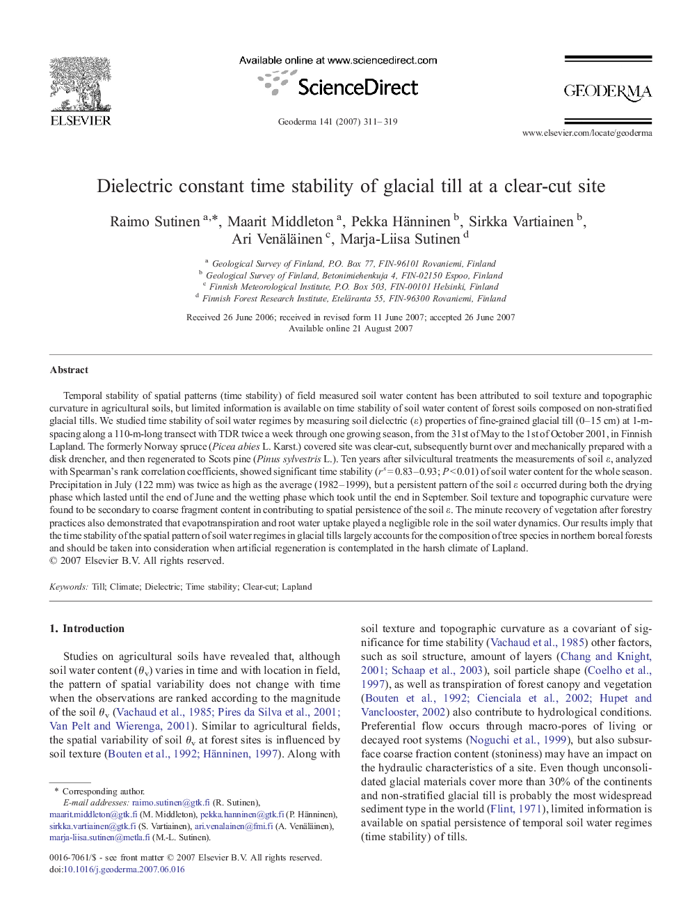 Dielectric constant time stability of glacial till at a clear-cut site