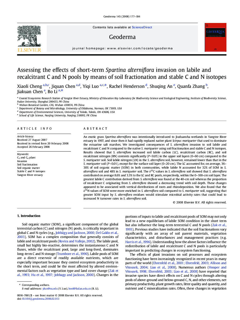 Assessing the effects of short-term Spartina alterniflora invasion on labile and recalcitrant C and N pools by means of soil fractionation and stable C and N isotopes