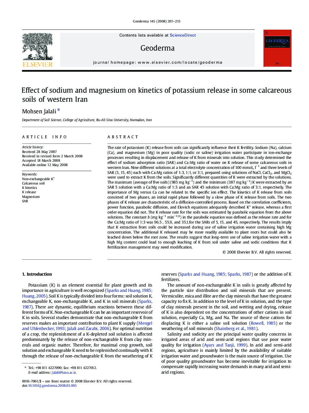 Effect of sodium and magnesium on kinetics of potassium release in some calcareous soils of western Iran