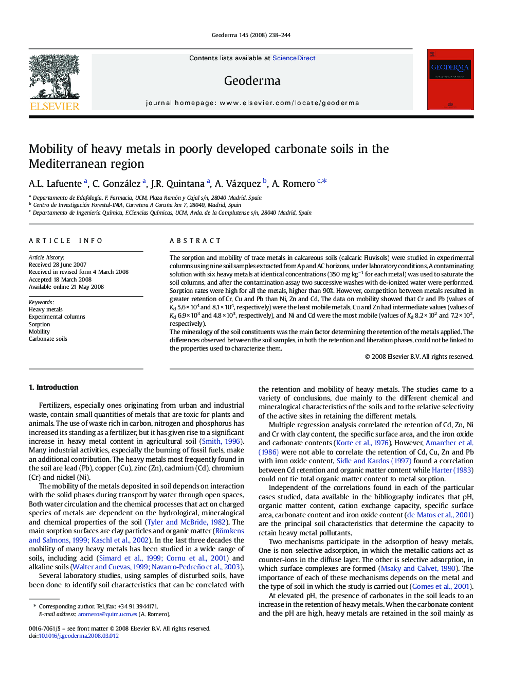 Mobility of heavy metals in poorly developed carbonate soils in the Mediterranean region