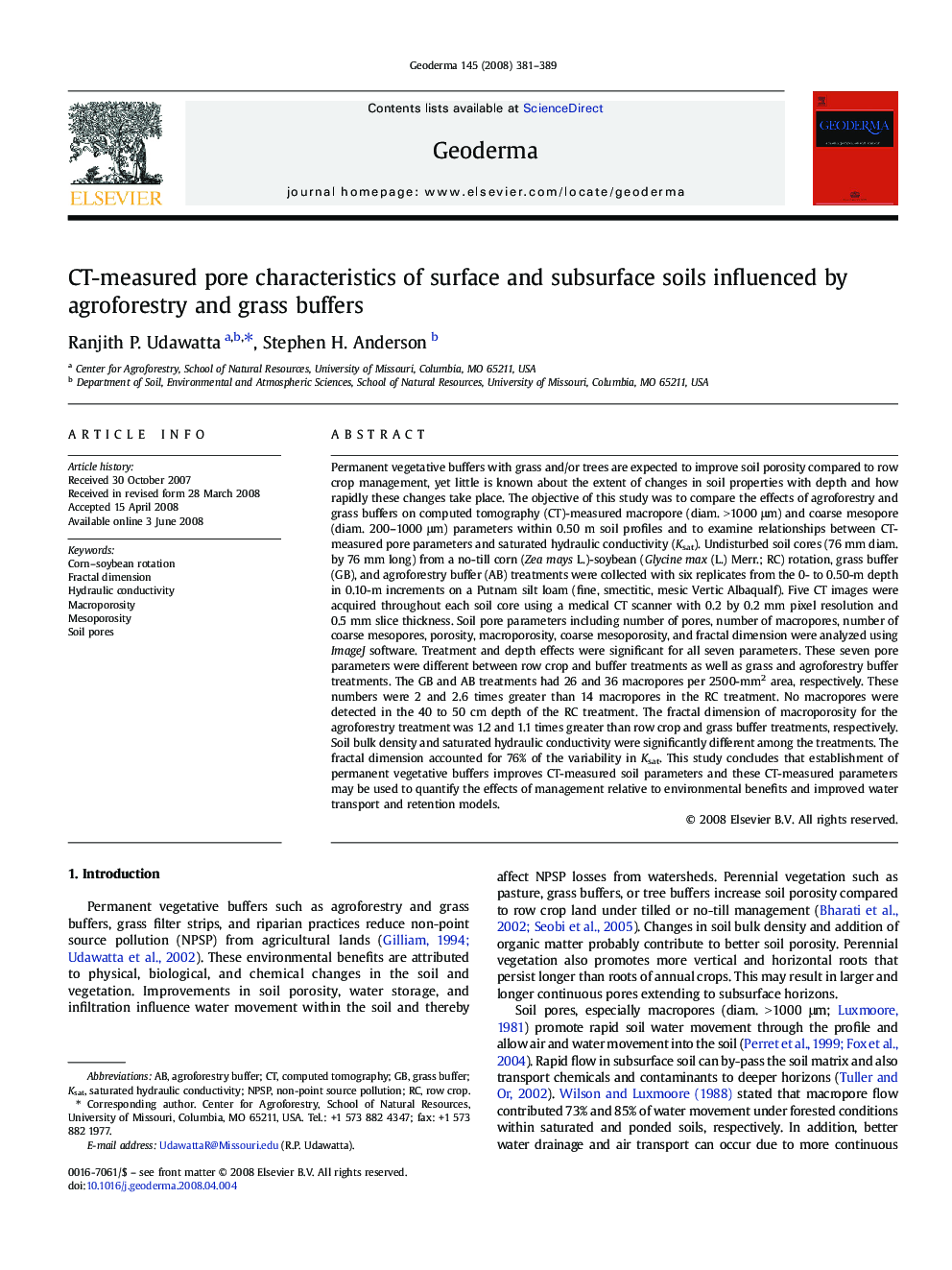 CT-measured pore characteristics of surface and subsurface soils influenced by agroforestry and grass buffers