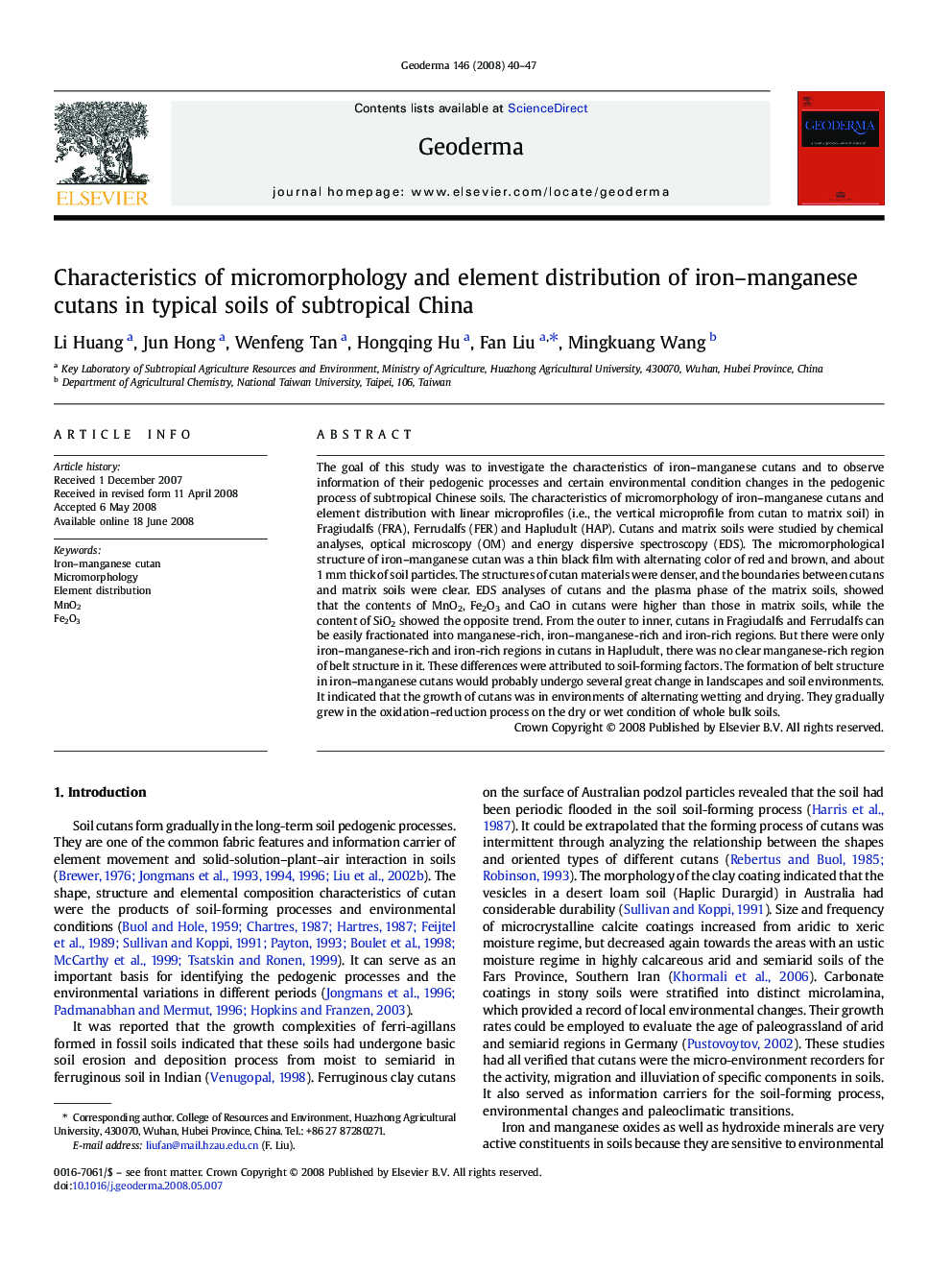 Characteristics of micromorphology and element distribution of iron-manganese cutans in typical soils of subtropical China