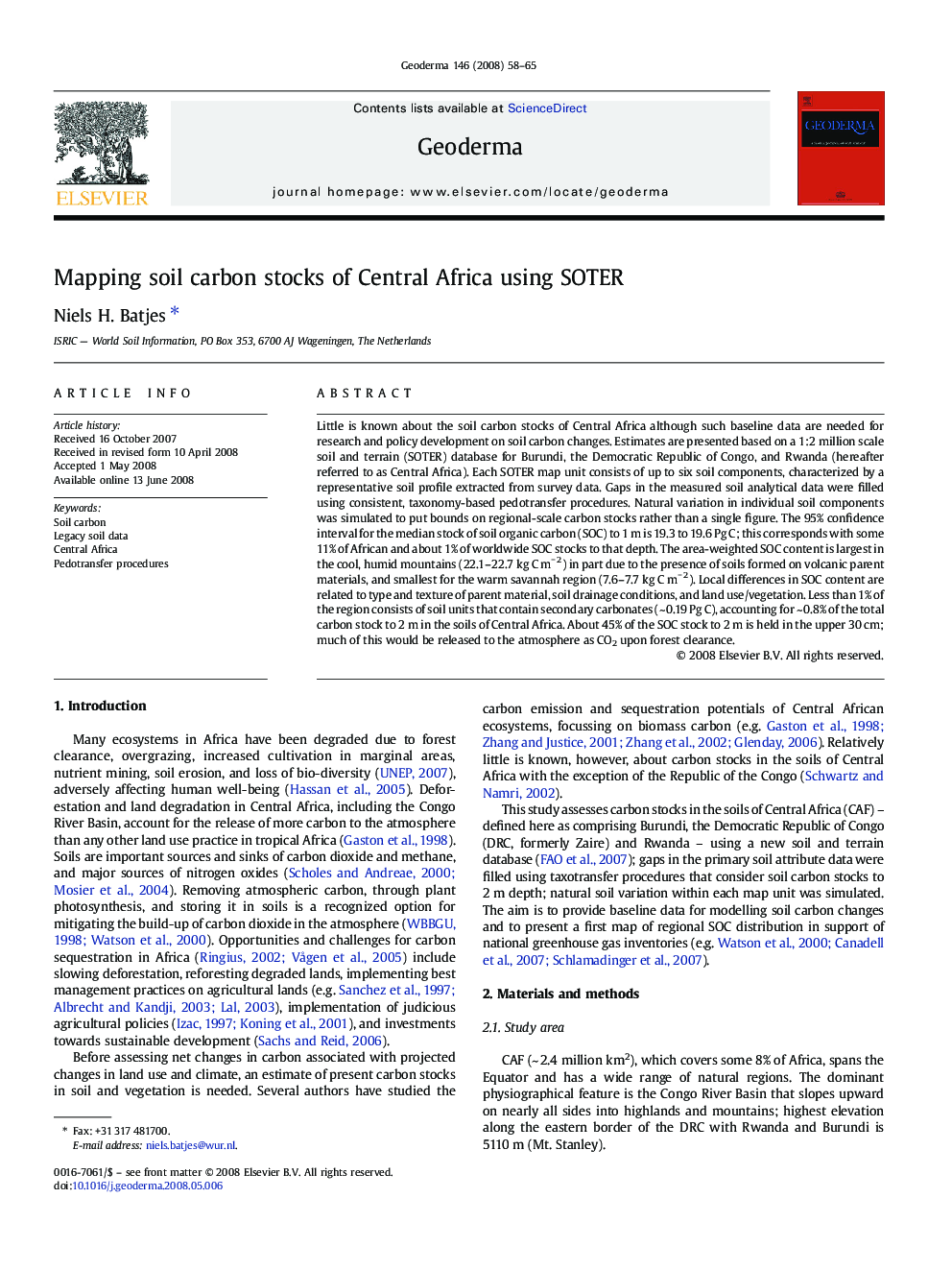 Mapping soil carbon stocks of Central Africa using SOTER