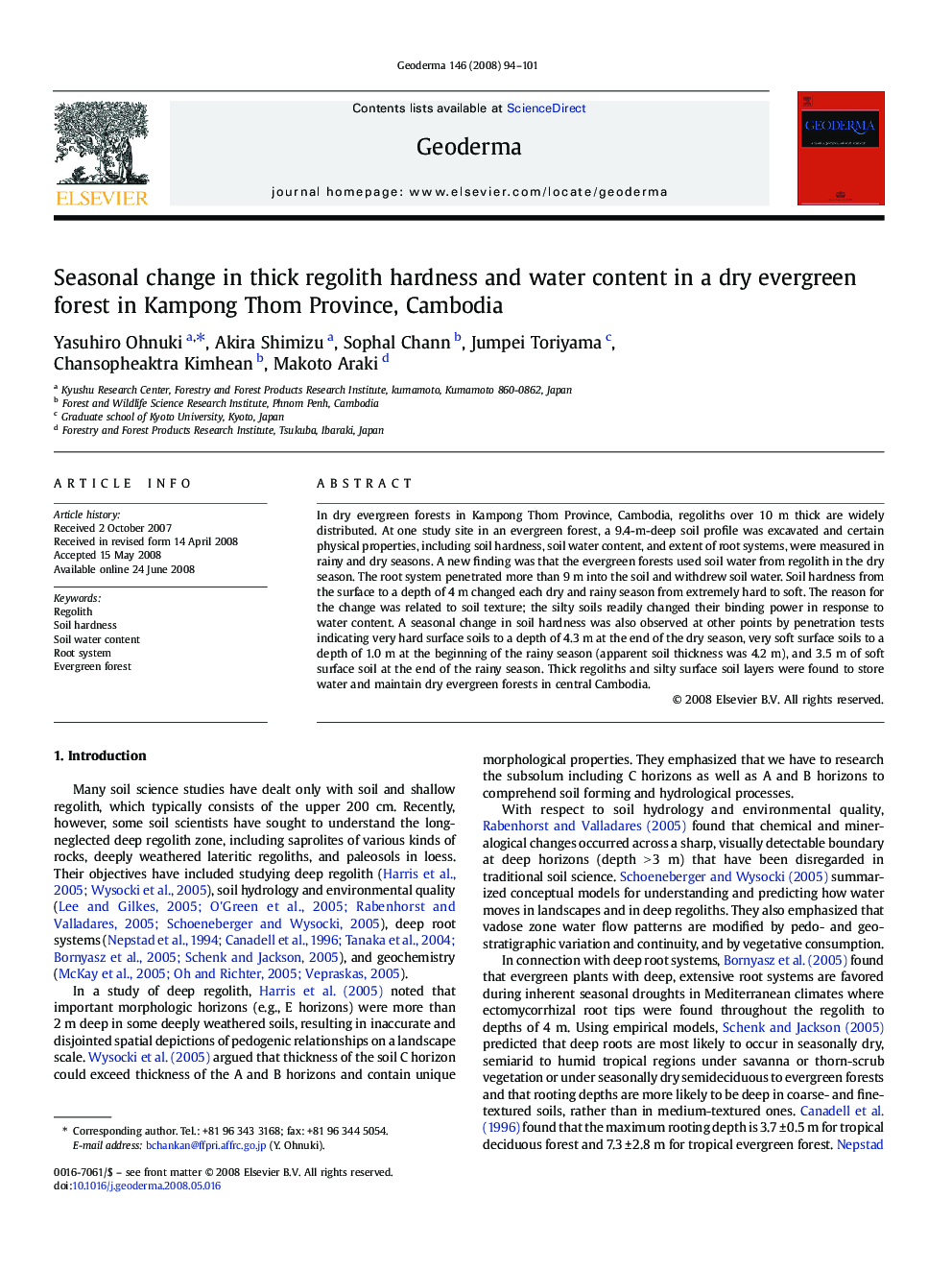 Seasonal change in thick regolith hardness and water content in a dry evergreen forest in Kampong Thom Province, Cambodia