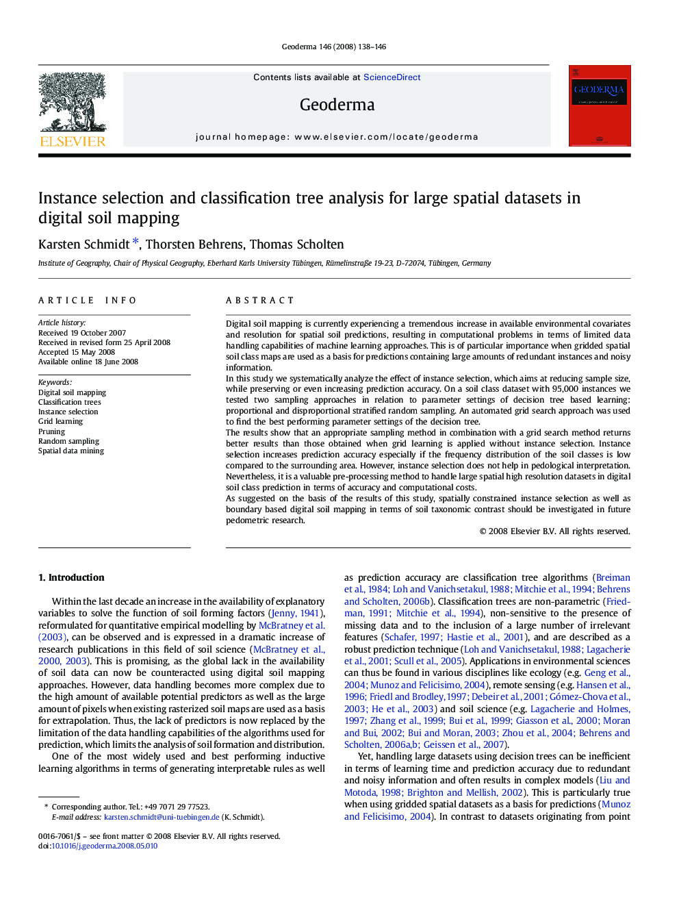 Instance selection and classification tree analysis for large spatial datasets in digital soil mapping