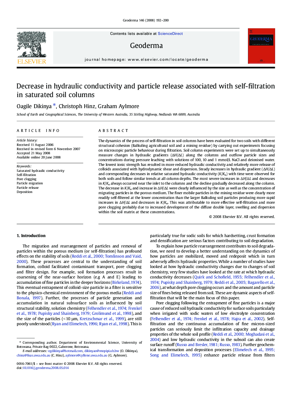 Decrease in hydraulic conductivity and particle release associated with self-filtration in saturated soil columns