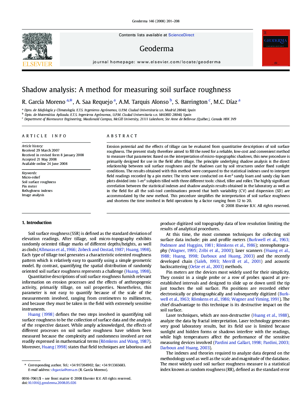 Shadow analysis: A method for measuring soil surface roughness