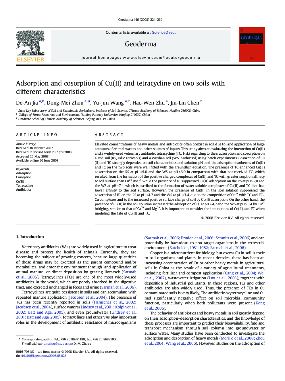 Adsorption and cosorption of Cu(II) and tetracycline on two soils with different characteristics