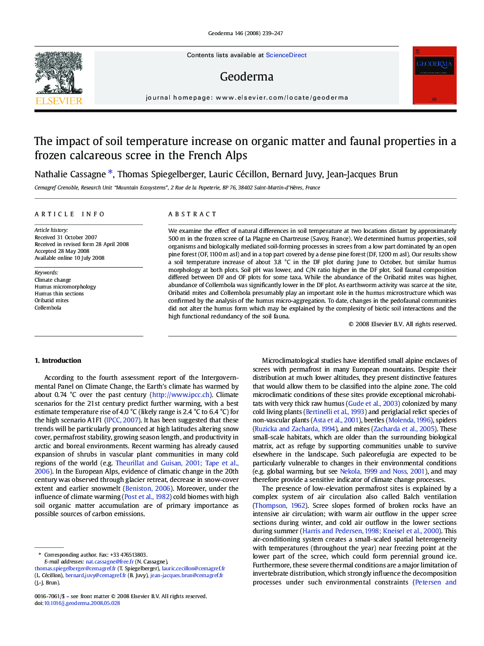 The impact of soil temperature increase on organic matter and faunal properties in a frozen calcareous scree in the French Alps