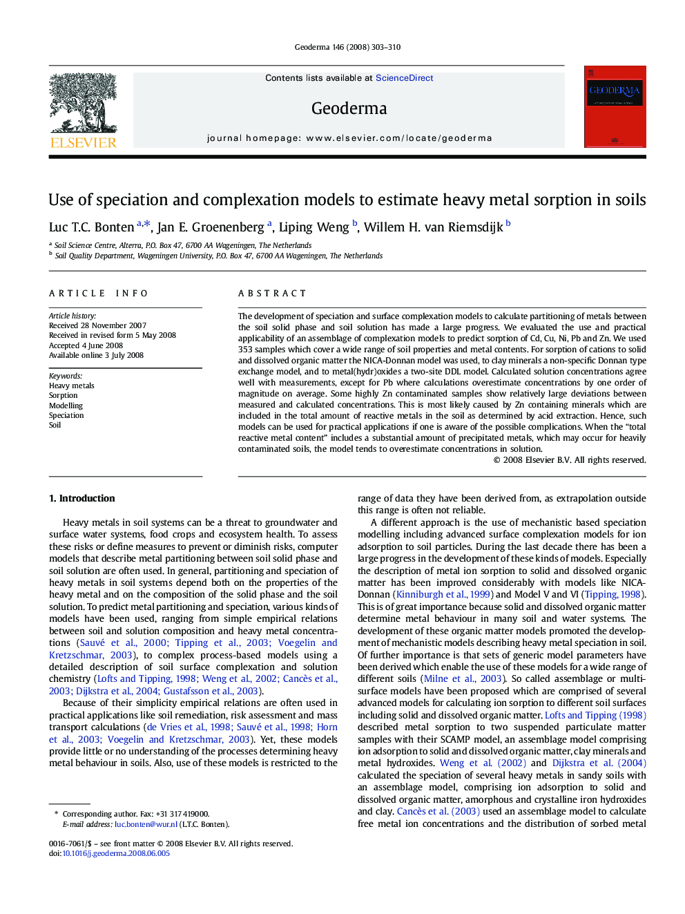 Use of speciation and complexation models to estimate heavy metal sorption in soils