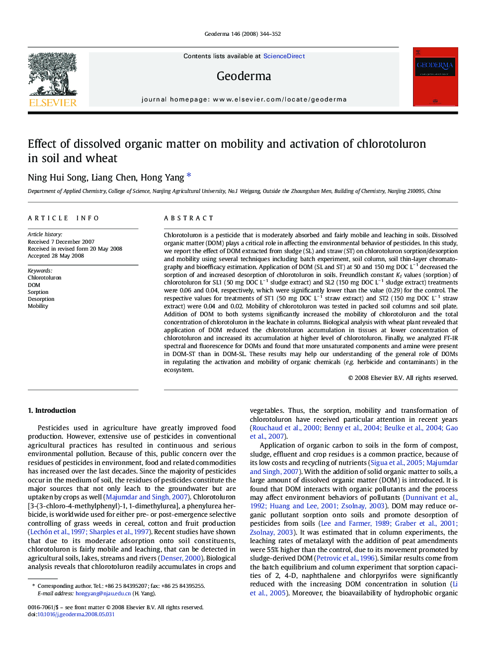 Effect of dissolved organic matter on mobility and activation of chlorotoluron in soil and wheat