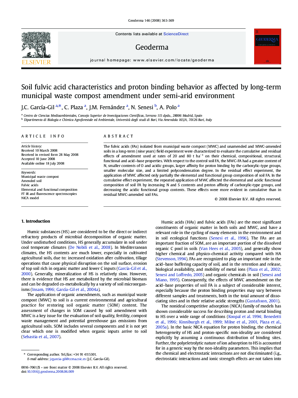 Soil fulvic acid characteristics and proton binding behavior as affected by long-term municipal waste compost amendment under semi-arid environment