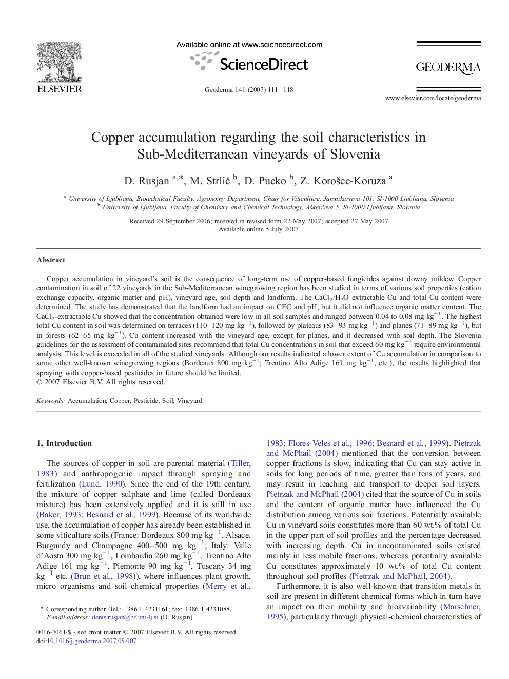 Copper accumulation regarding the soil characteristics in Sub-Mediterranean vineyards of Slovenia