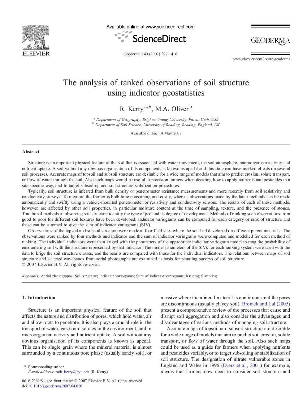 The analysis of ranked observations of soil structure using indicator geostatistics