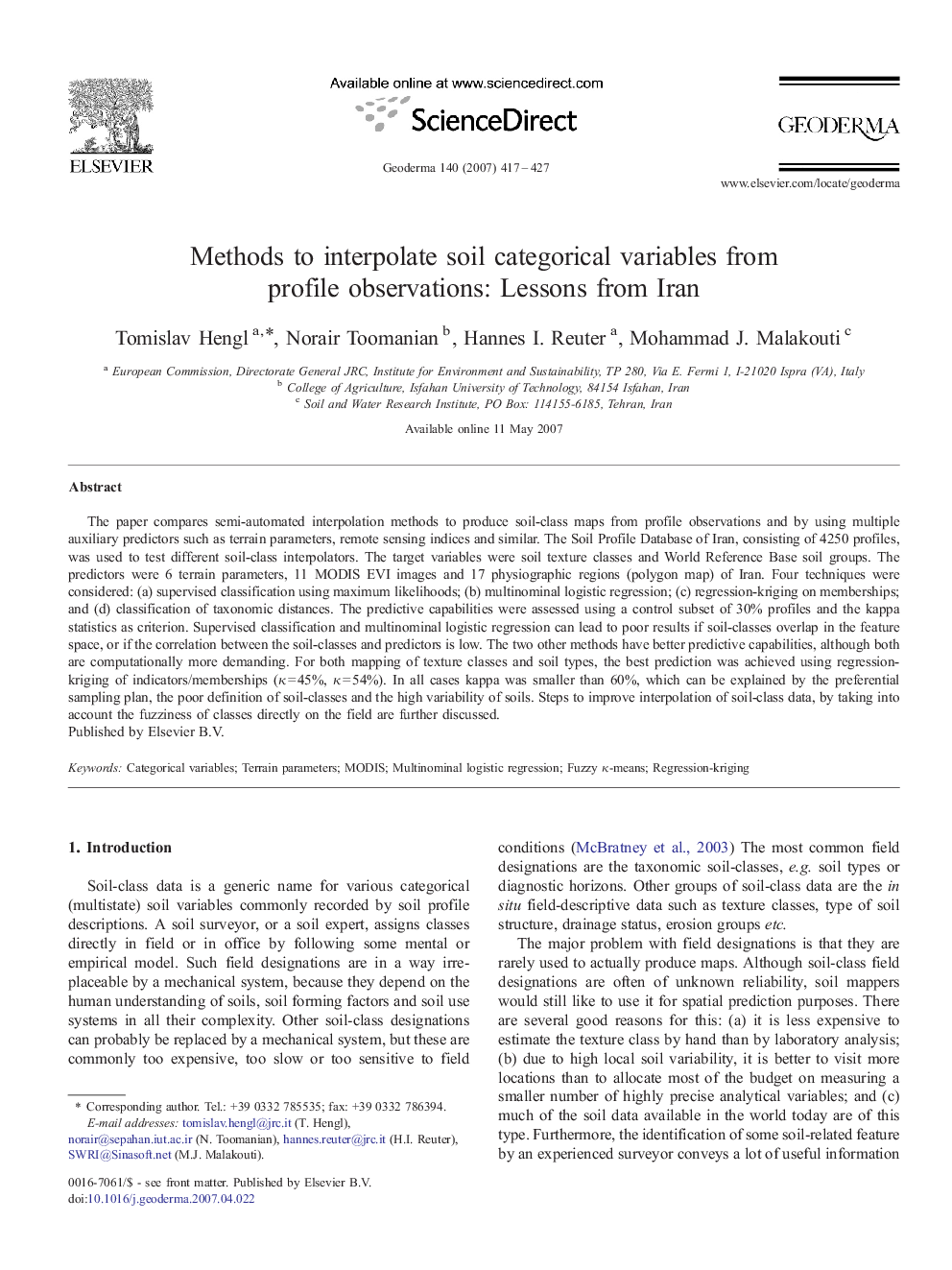 Methods to interpolate soil categorical variables from profile observations: Lessons from Iran