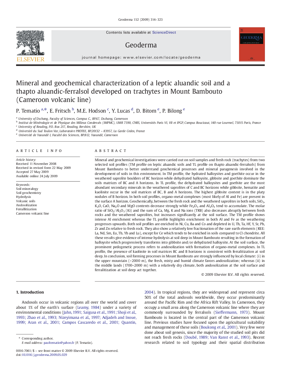 Mineral and geochemical characterization of a leptic aluandic soil and a thapto aluandic-ferralsol developed on trachytes in Mount Bambouto (Cameroon volcanic line)