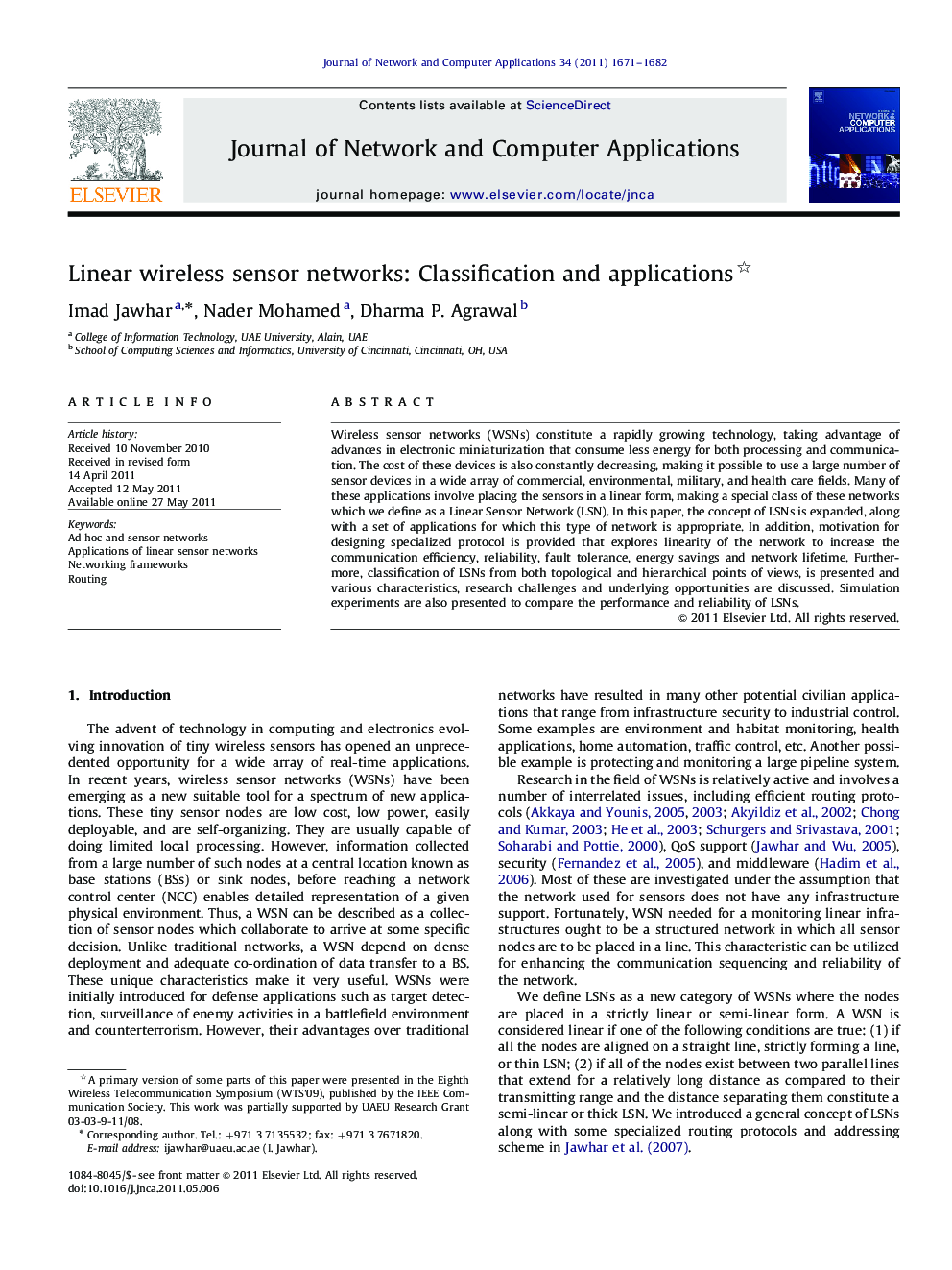 Linear wireless sensor networks: Classification and applications 