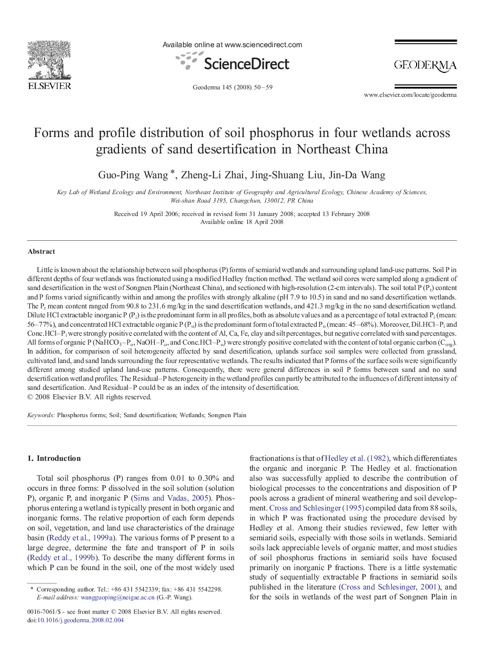 Forms and profile distribution of soil phosphorus in four wetlands across gradients of sand desertification in Northeast China