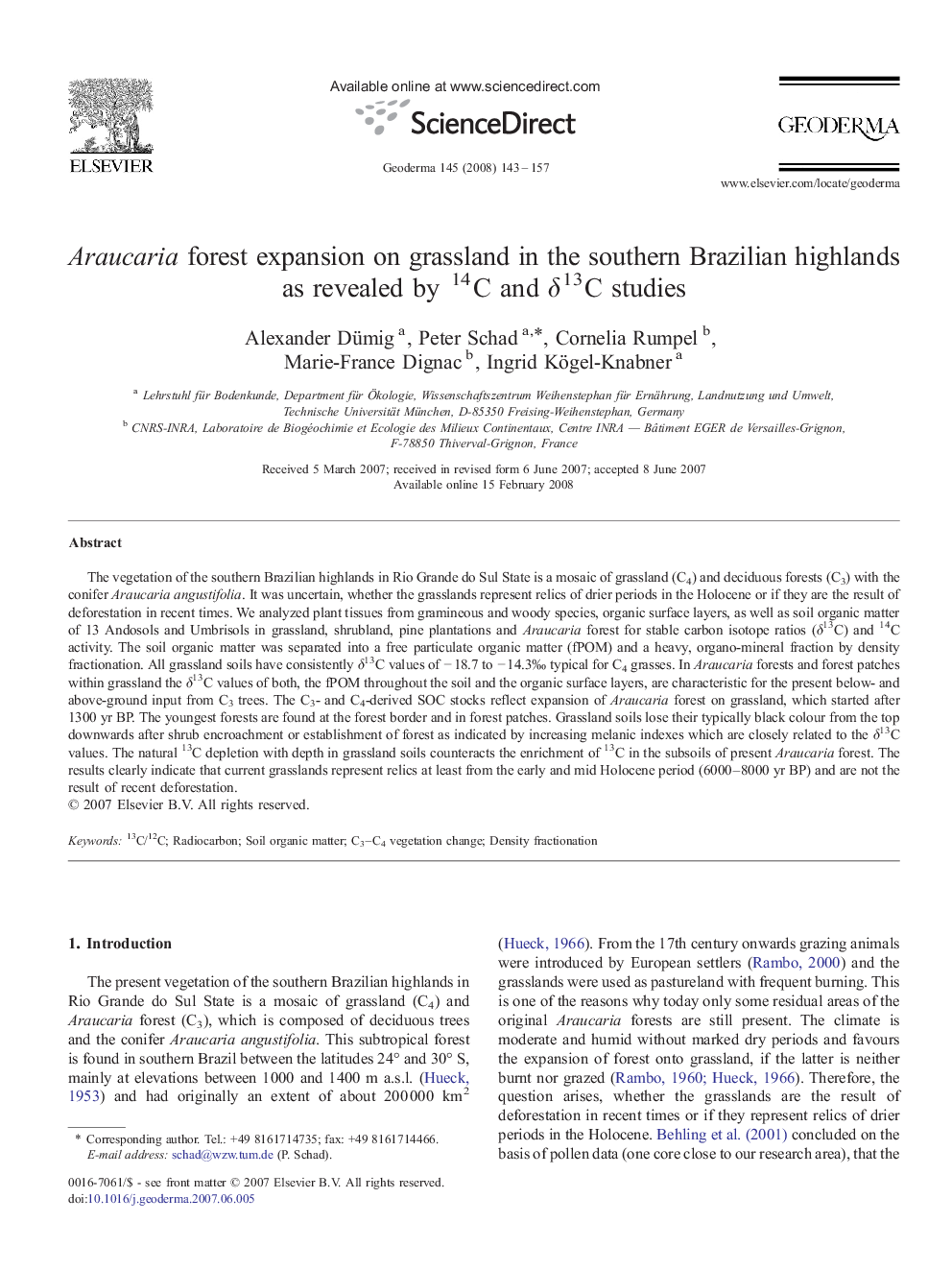 Araucaria forest expansion on grassland in the southern Brazilian highlands as revealed by 14C and δ13C studies