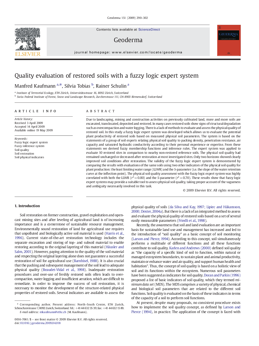 Quality evaluation of restored soils with a fuzzy logic expert system