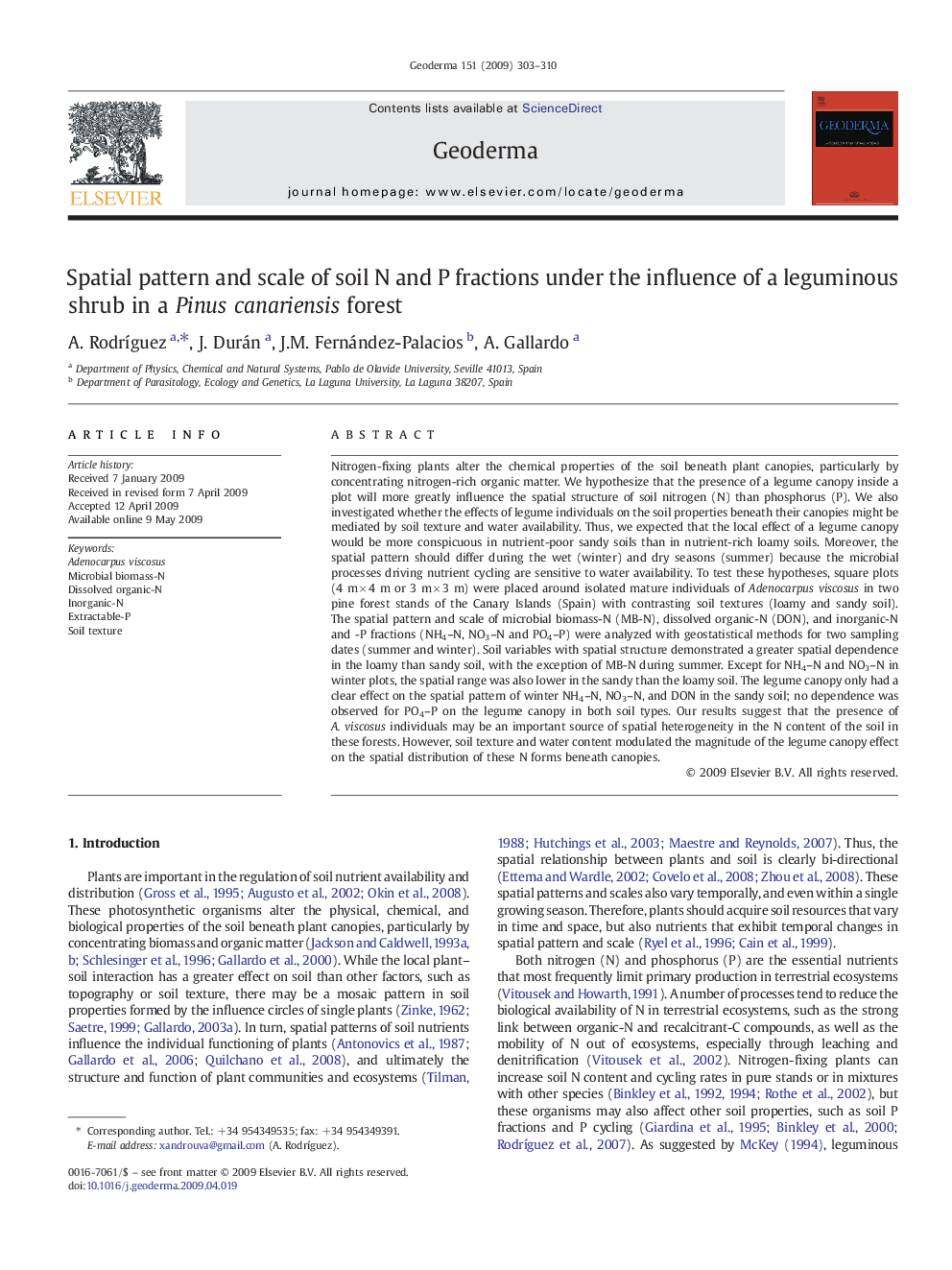 Spatial pattern and scale of soil N and P fractions under the influence of a leguminous shrub in a Pinus canariensis forest