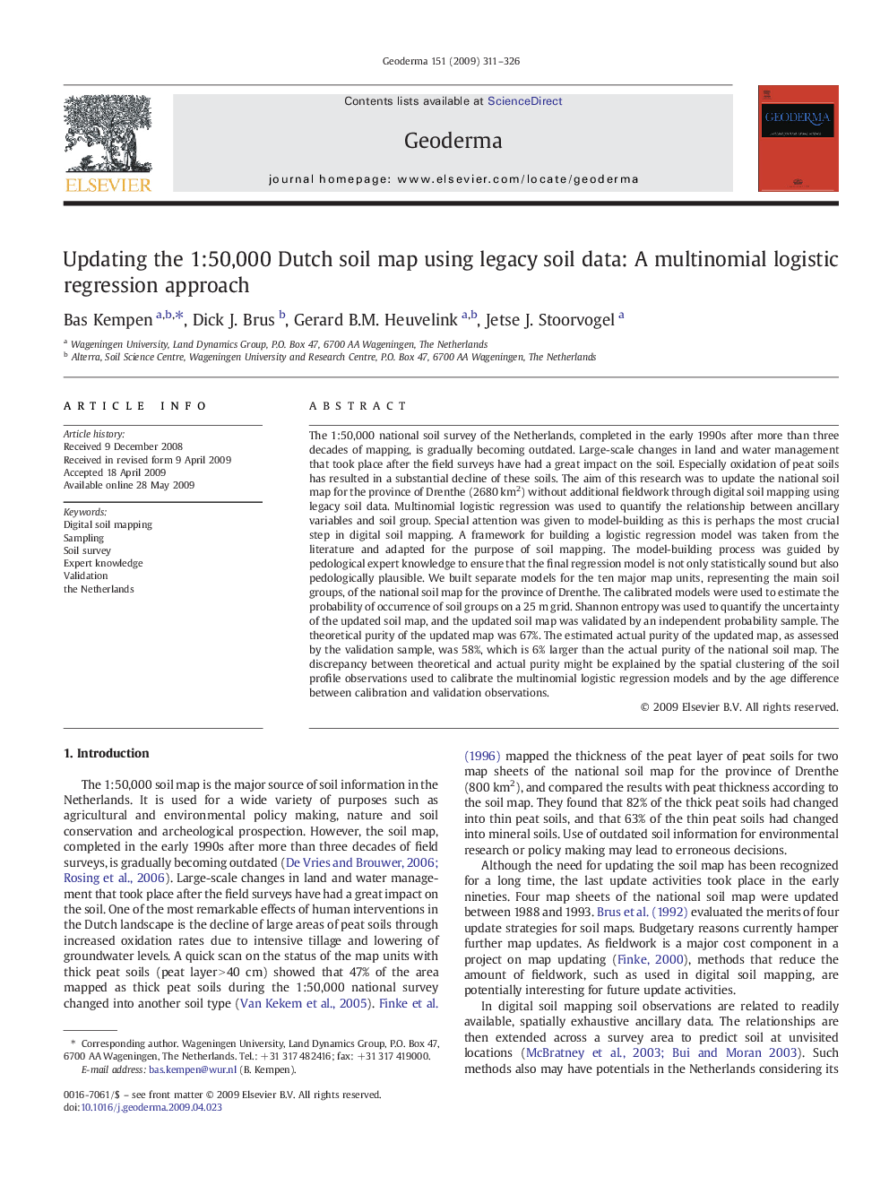 Updating the 1:50,000 Dutch soil map using legacy soil data: A multinomial logistic regression approach