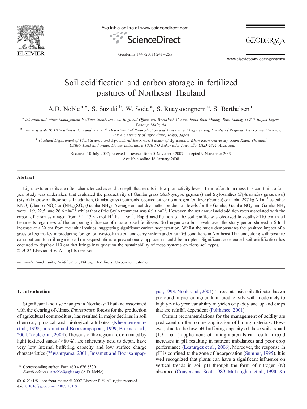 Soil acidification and carbon storage in fertilized pastures of Northeast Thailand