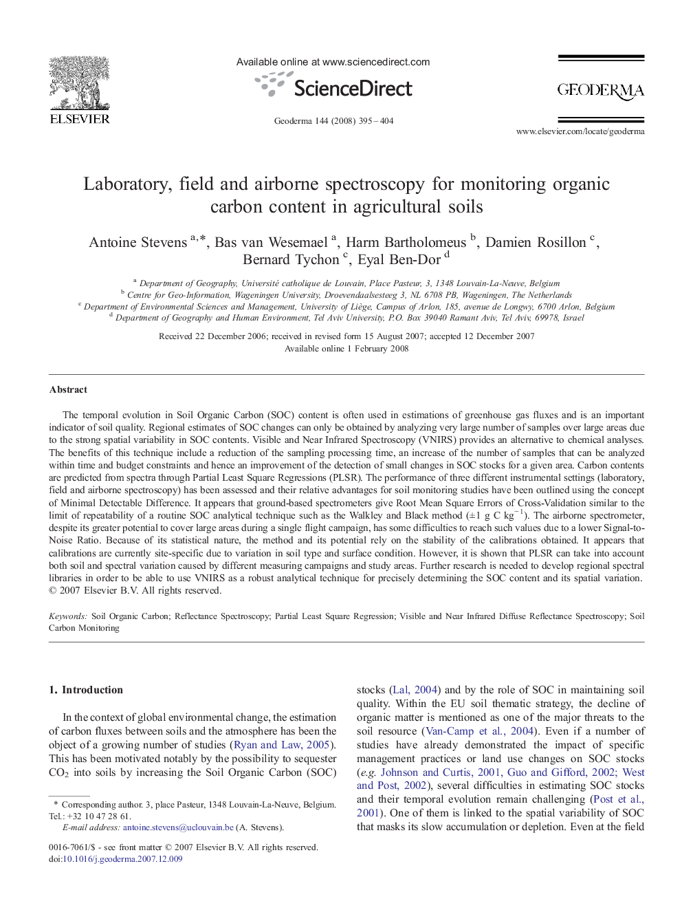 Laboratory, field and airborne spectroscopy for monitoring organic carbon content in agricultural soils